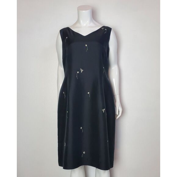 Vintage 90s Studio I Black Silk Bee Embroidered Dress - Picture 1 of 7